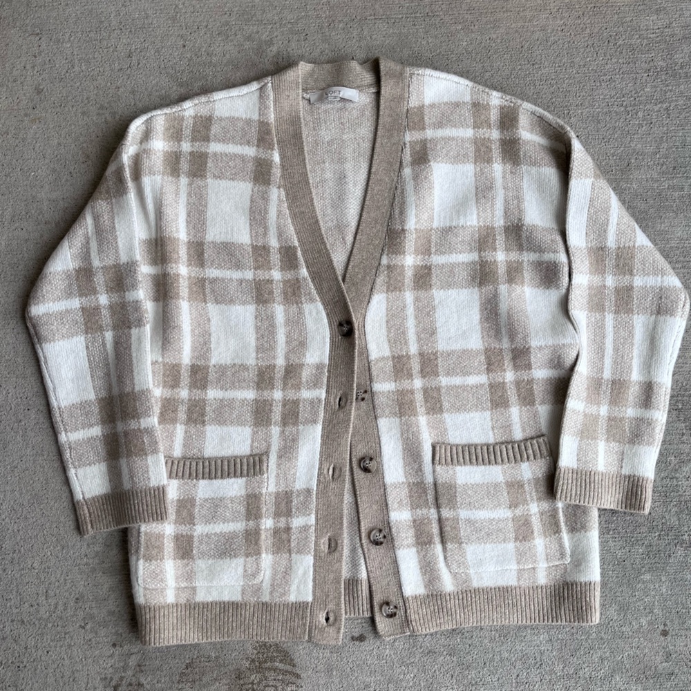 Loft fall plaid cream tan white cardigan sweater NWOT
